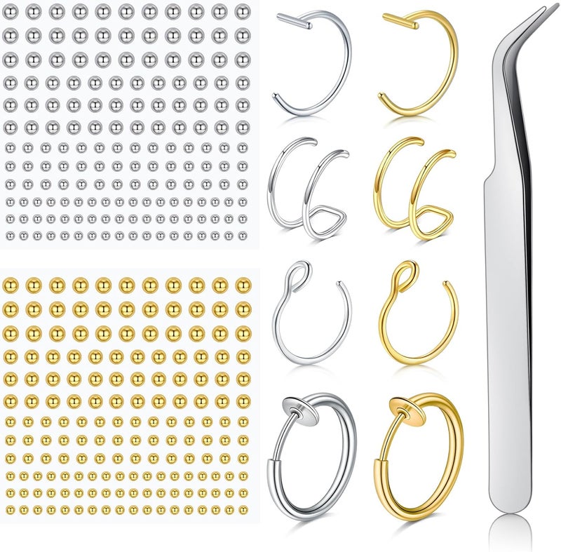 JFORYOU Fake Eyebrow Ring Fake Lip Labret Studs Replacement Balls Spike with 100pcs Sticker Non-Piercing Body Jewelry Fake Skin Piercing - Image 1